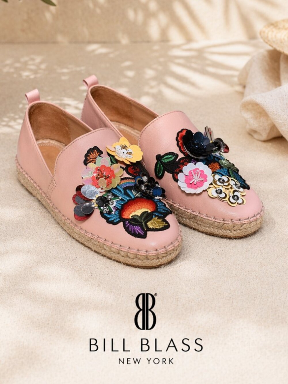 Bill Blass Sutton Pink Floral Embroidered Espadrilles Flats Size 7.5